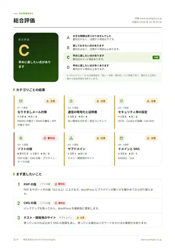 レポートのサンプル（総合評価のページ）の縮小画像