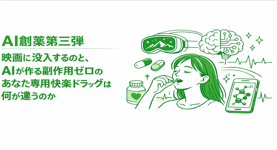 AI創薬第三弾のアイキャッチ。錠剤を手にする人物、脳と心拍、VR、分子構造など、映画没入と快楽ドラッグの対比を表現した線画